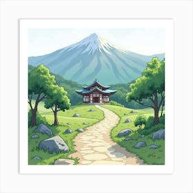 Watercolor Mountain Path Leading To A Secluded Japanese Temple, Serene Landscape 1 Art Print