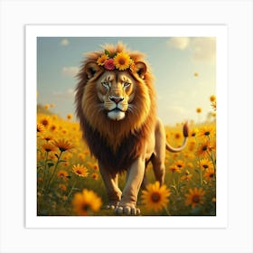 A Majestic Lion With A Mane Of Flowers, Standing Proudly In A Field Of Tall Golden Blooms Art Print