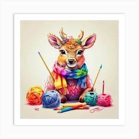 Deer Knitting 1 Art Print