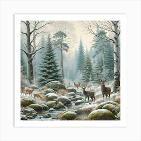 Deer In The Woods, Acrylic Painting Style Art Print