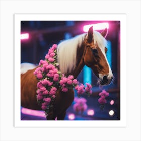 Pink Horse With Flowers Art Print