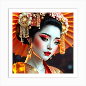 Geisha Girl In Gold And Orange Art Print