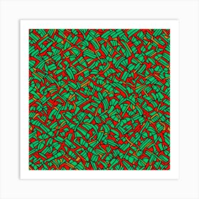 A Pattern Featuring Abstract Geometric Shapes With Edges Rustic Green And Red Colors, Flat Art, 108 Art Print