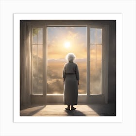 Old Woman Looking Out Of Window Art Print