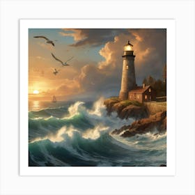 Albedobase Xl Majestic Lighthouse On Rocky Cliff Crashing Wave 3 Art Print