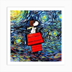 dog fly red house Starry Night Vincent Van Gogh Parody Art Print