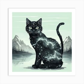 Surreal Black Cat With Glowing Patterns In Tranquil Landscape Art Print