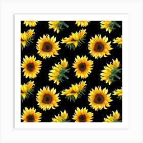 Sunflowers On Black Background Art Print