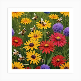 Bees And Flowers 1 Art Print