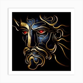 An Abstract Portrait Of Poseidon in Black Granite overlaid With Gold Beads And Ruby Eyes. Art Print