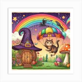 Cat Flying Over A Rainbow Art Print