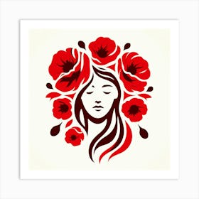 Woman With Red Flowers Art Print