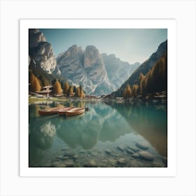 Beautiful Lake With Boats In The Italian Alps Lago Di Braies 2 Art Print