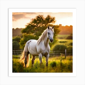 White Horse In The Field At Sunset Art Print