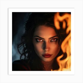 Portrait Photo Of A Woman Featuring Oversized Piercing Eyes Emitting A Flame Like Scarlet Hue Gaze Art Print