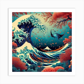 Dance of the Coral Kingdoms, Inspired by Hokusai's iconic Great Wave and Japanese woodblock prints 3 Art Print