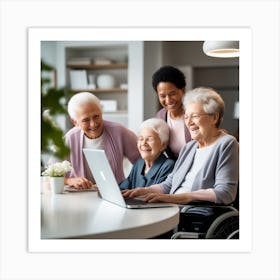 Elderly Women Using Laptop At Home Art Print