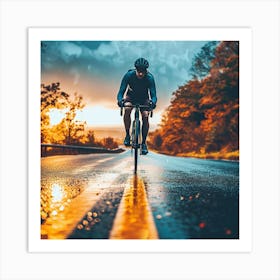 Cyclist On A Rainy Road Art Print