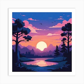 Blank Landscape Scene Of Nature Park At Sunset Timecartoon Vector Sticker 2d Cute Fantasy Dream Art Print