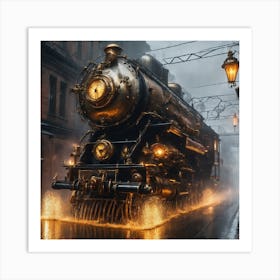 Steam Train In The Rain Art Print