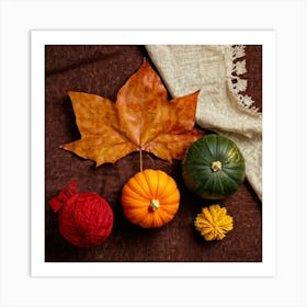 Autumnal Still Life Digital Painting Featuring Maple Leaf And Squash Placed Against Fabric Simulatin (1) Art Print