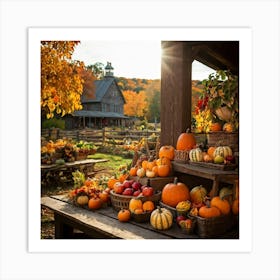 An Organic Farm During A Jubilant Fall Festival Apple And Pumpkin Decorations Adorn The Table A Co (4) Art Print