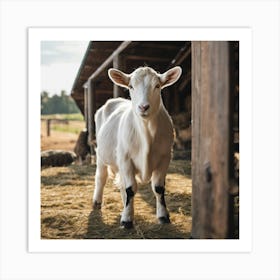 White Goat Standing In A Barn Art Print