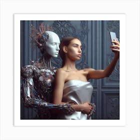 Robot And Woman Taking Selfie Art Print