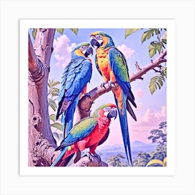 Parrots On A Branch Art Print