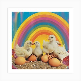 Rainbow Retro Collage Chicks & Eggs 2 Art Print