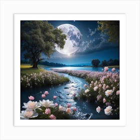 Full Moon Over Flowers Art Print