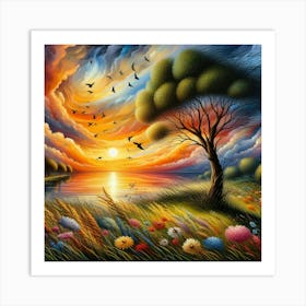 Sunset With Birds Art Print