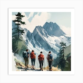 Three Hikers In The Mountains Art Print