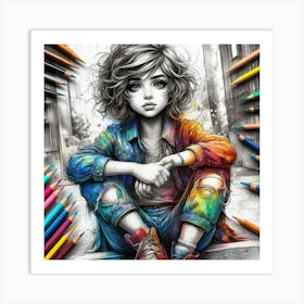 Girl With Colored Pencils 1 Art Print