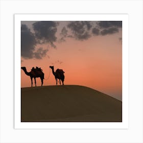 Silhouette Of Camels At Sunset Art Print