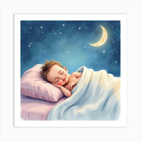 Watercolor Baby Sleeping In A Cozy Bed Under A Dreamy Pastel Night Sky Art Print