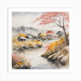 Japanese Landscape Painting Sumi E Drawing (25) Art Print