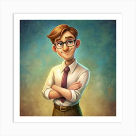 Cartoon Illustration Of A Young Man With Glasses And A Tie Art Print