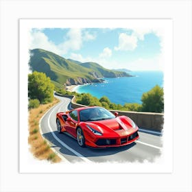 A Ferrari In Watercolor On A Winding Coastal Road With Ocean Views 1 Art Print