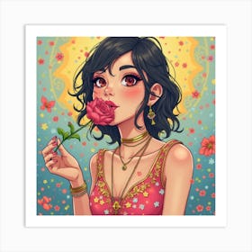 Colorful background whith a girl holding a flower Art Print