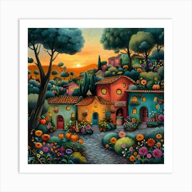 Village At Sunset, Naive, Whimsical, Folk 1 Art Print