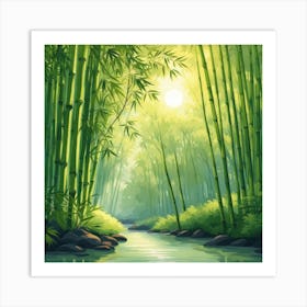 A Stream In A Bamboo Forest At Sun Rise Square Composition 1 Art Print