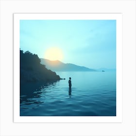 Person Standing In Water At Sunset Art Print