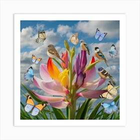 Colorful Flowers With Birds Art Print