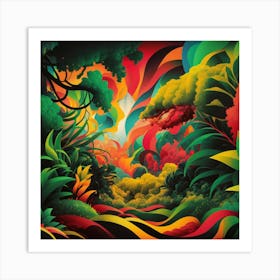 'The Jungle'Create an abstract jungle scene with vibrant, swirling colors and stylized plants and trees. Incorporate geometric shapes to add depth and texture Art Print