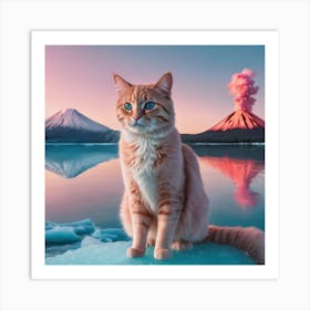 Pink cat and volcano Art Print