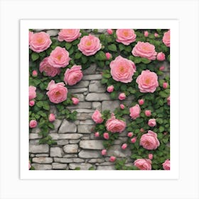 Light Pink Climbing Roses On Stone Wall Art Print