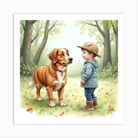 Watercolor Of A Nova Scotia Duck Tolling Retriever And Child In The Woods 1 Art Print