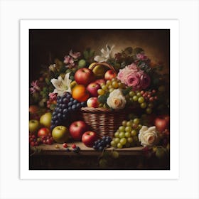 Still Life: A Realistic and Rich Art Print of a Basket of Fruits and Flowers Art Print