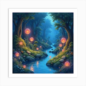 Mystical Watercolor Garden With Glowing Magical Creatures 1 Art Print